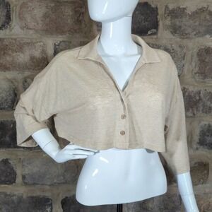 FP Beach NEW Linen Blend Cropped‎ Button Up Top Tan Boxy Cut Woman's Size XS